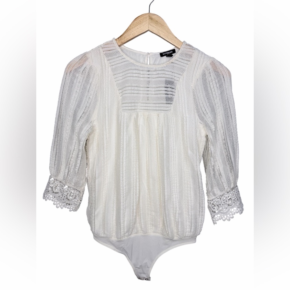 Express Ivory Bodysuit with Lace Sleeves